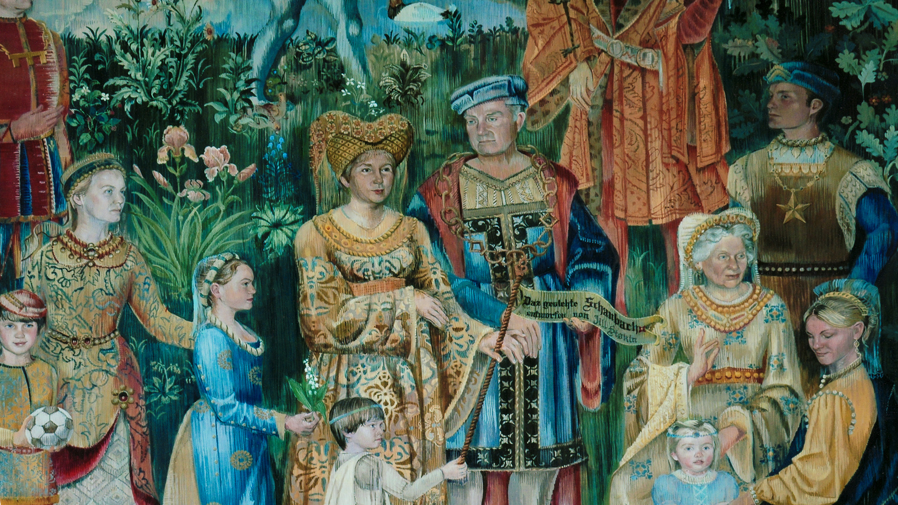 Gothic tapestry mural featuring family dressed in medieval costumes