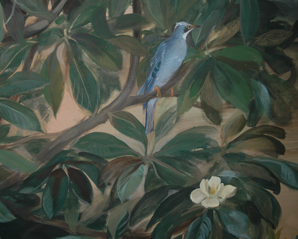 Garden mural with bird and magnolia flower detail