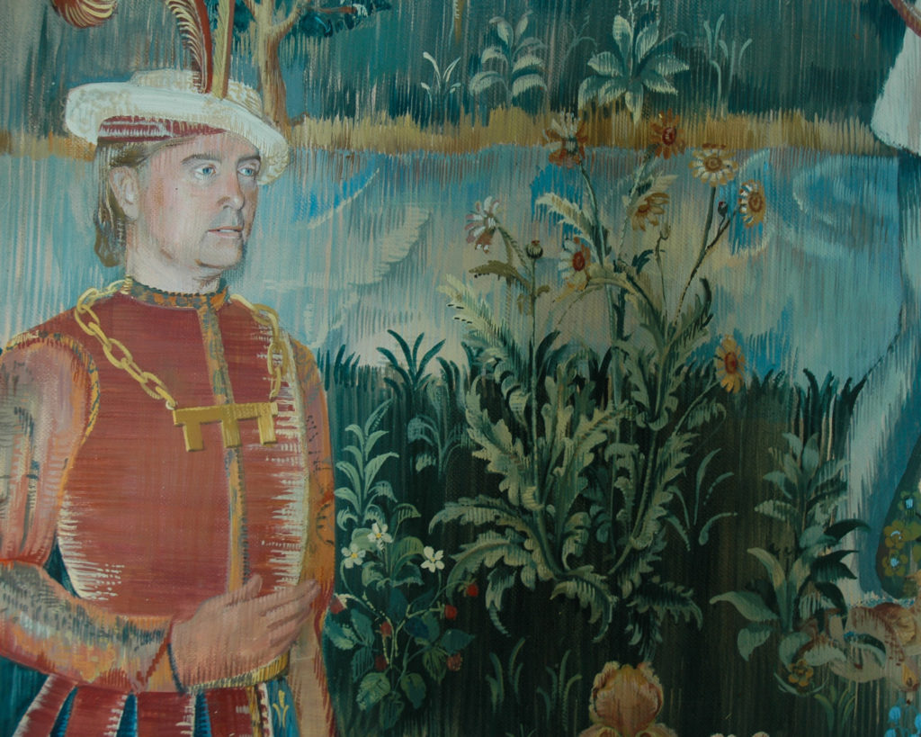 Tapestry mural with detail of flowers and man in medieval costume