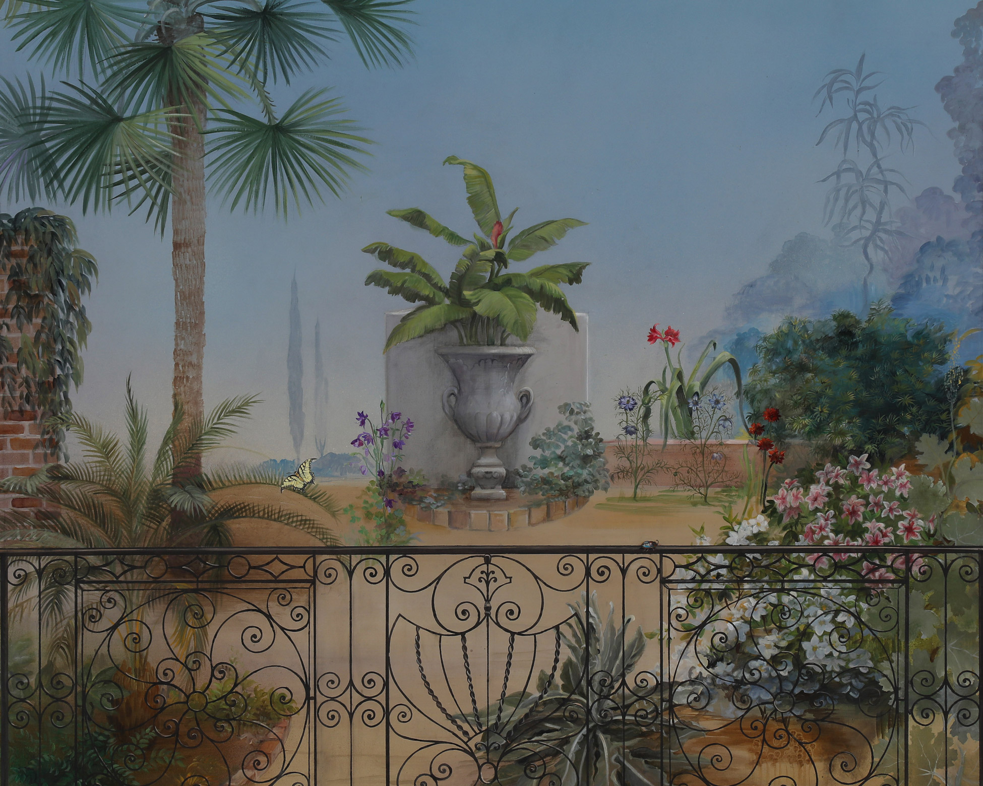 Low country mural with palms, flowers and wrought iron fence detail