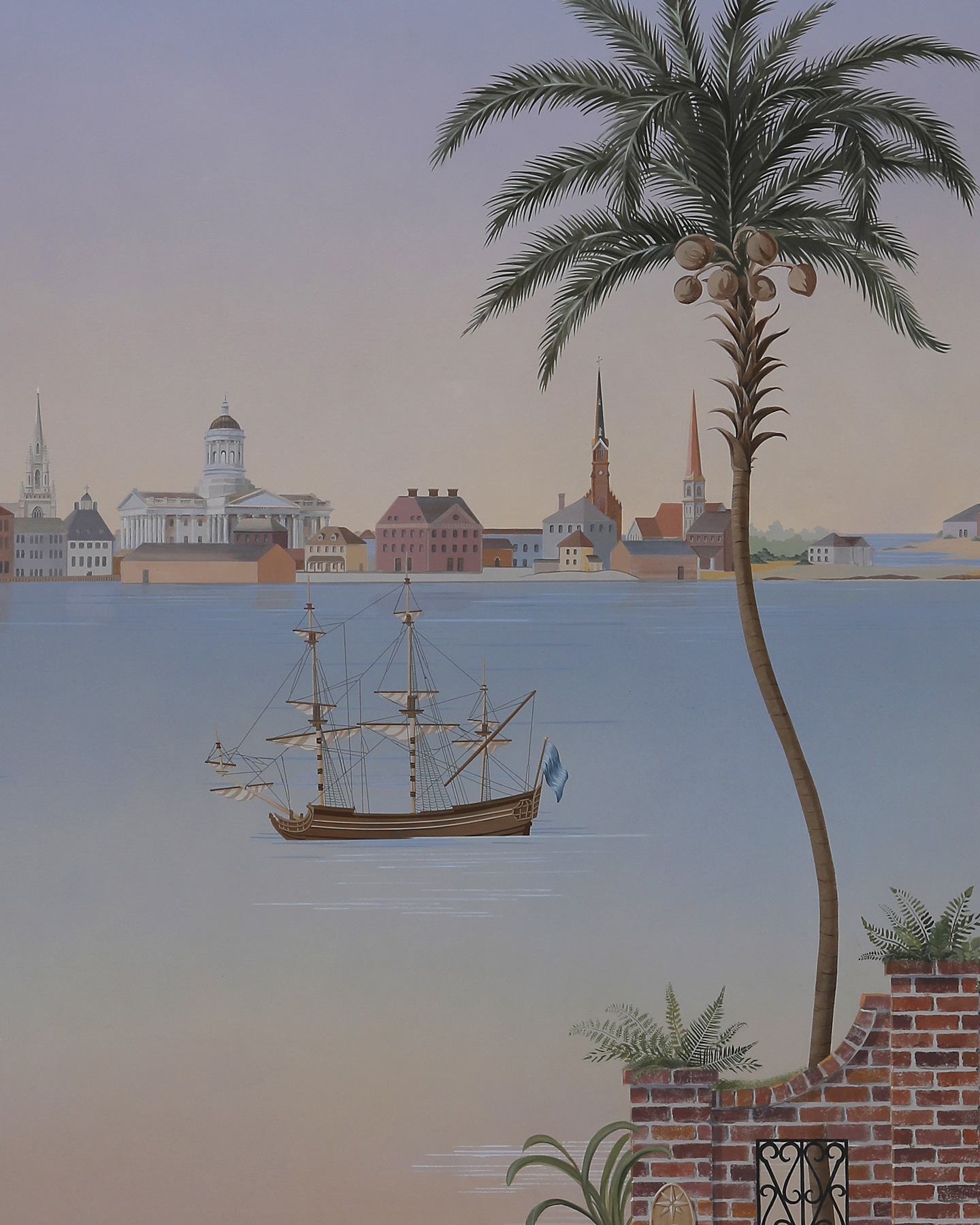 Low country mural with historic Savannah downtown and historic sailing ship