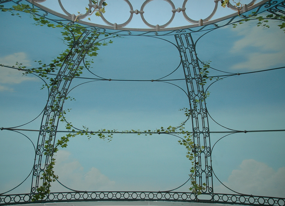 Garden dome mural of sky with wrought iron fence and ivy twining
