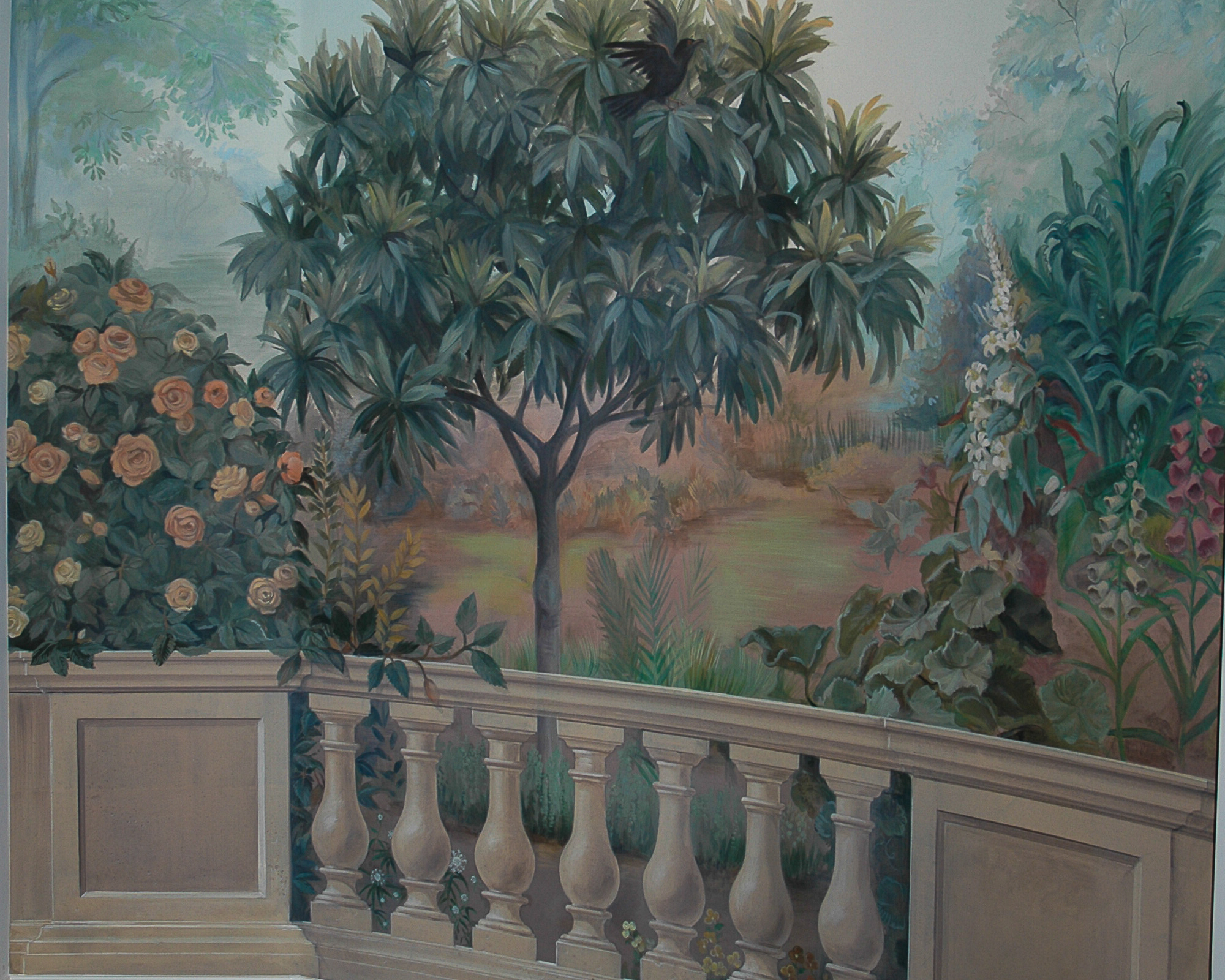 mural of tree with balustrade in foregroune