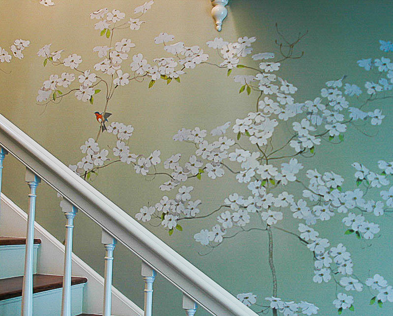restored wallpaper of flowering dogwood and birds