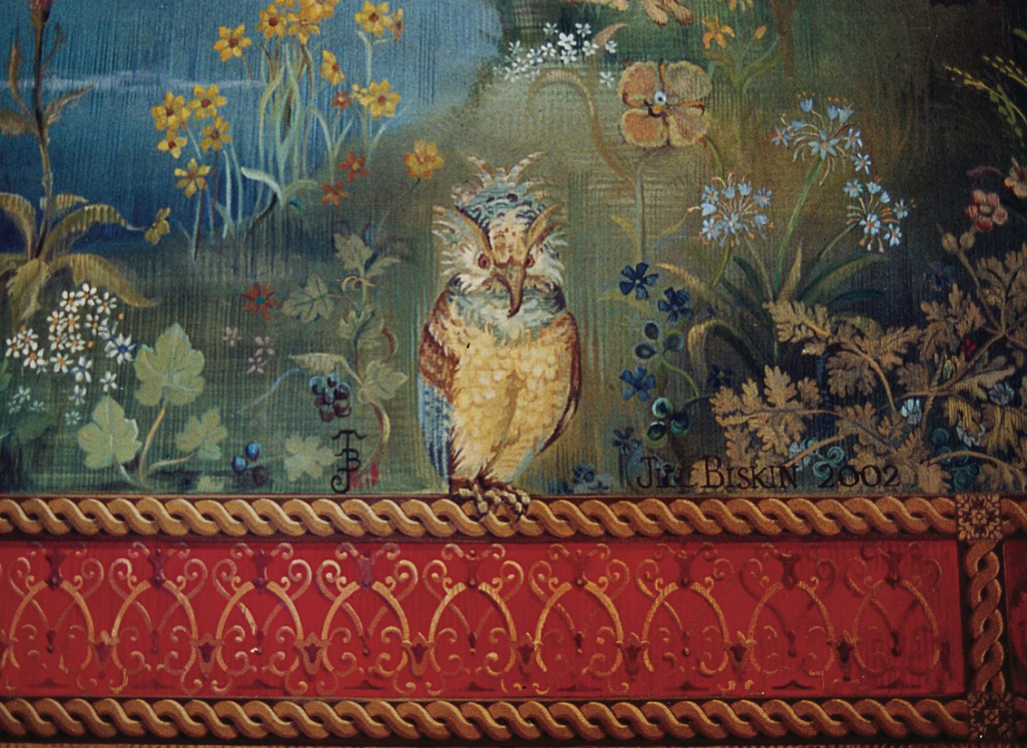 mural detail of tapestry border and bird