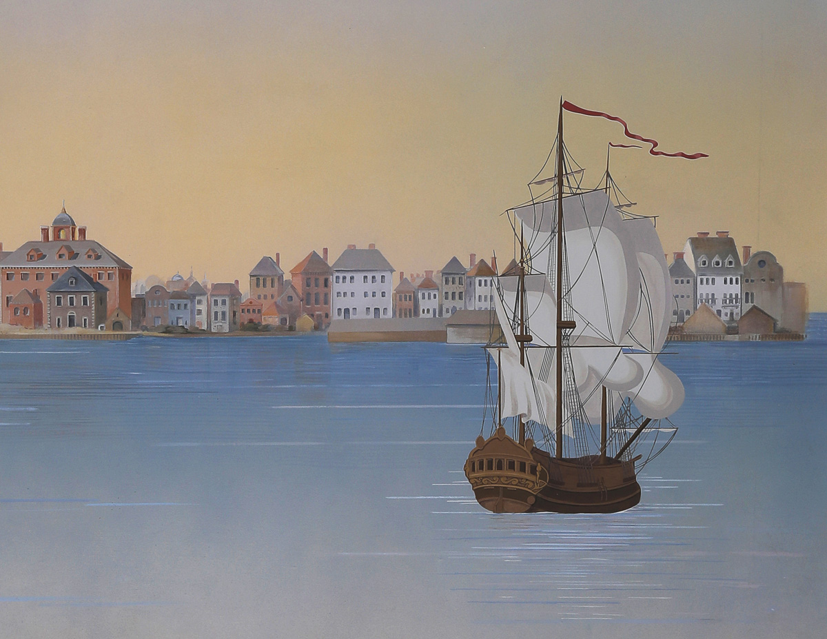 mural detail of 3-masted ship in Charleston harbor with historic buildings in the background