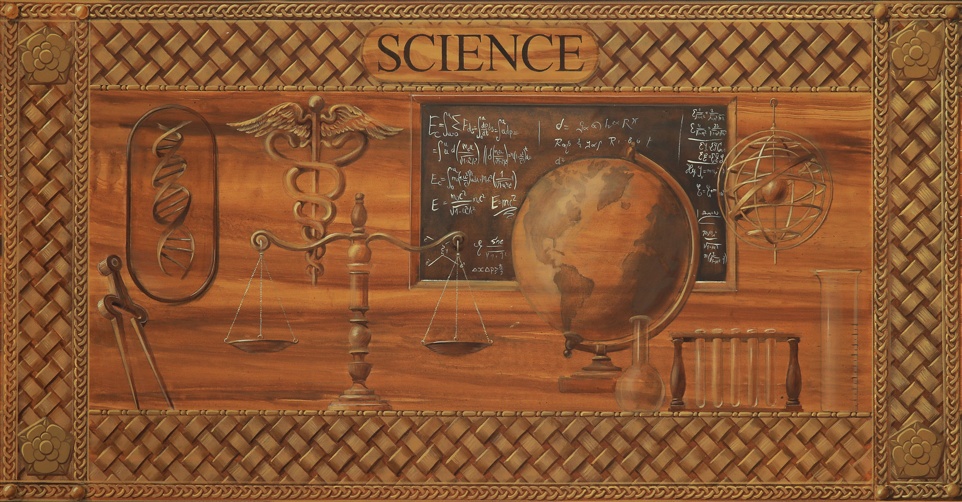 Classic Center mural detail depicting images related to science as a faux wood carving